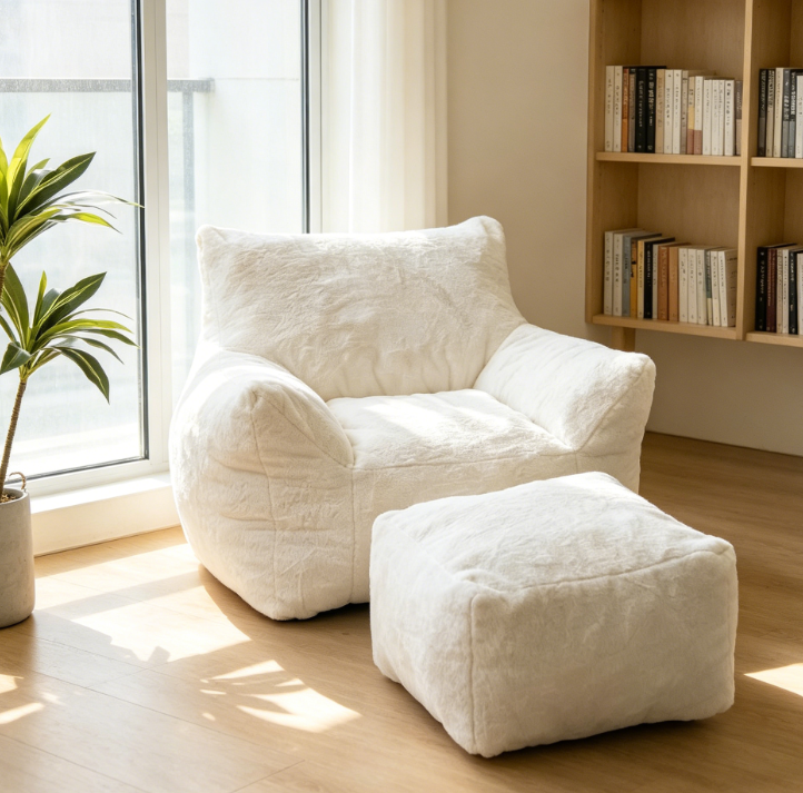 Ultra Soft Faux Fur Lazy Sofa with Ottoman & Armrest, Plush Bean Bag Chair with Footrest